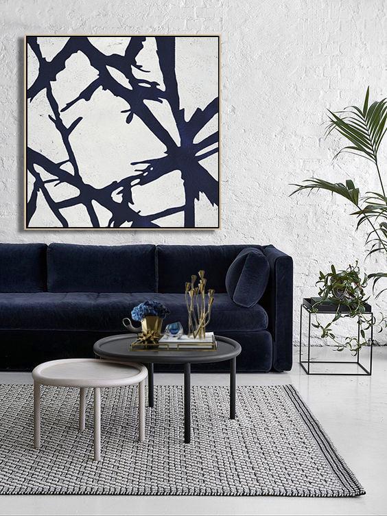 Abstract Painting Extra Large Canvas Art,Hand Painted Navy Minimalist Painting On Canvas,Handmade Acrylic Painting